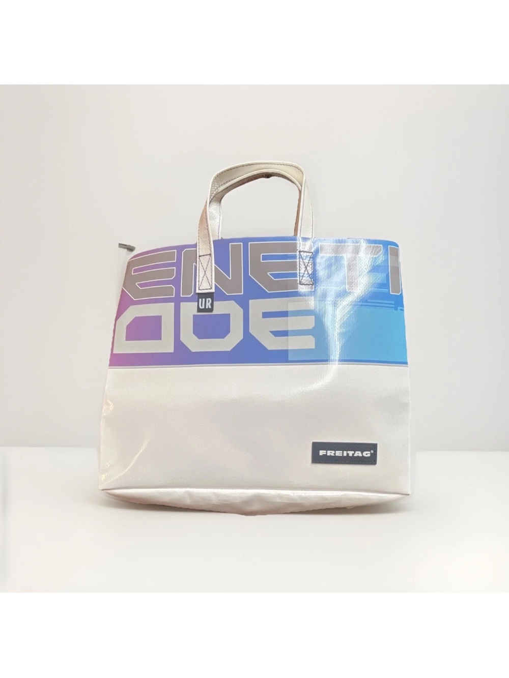FREITAG Colorblock Top Handle Tote Bag White Blue Purple Logo w/ Brand Card